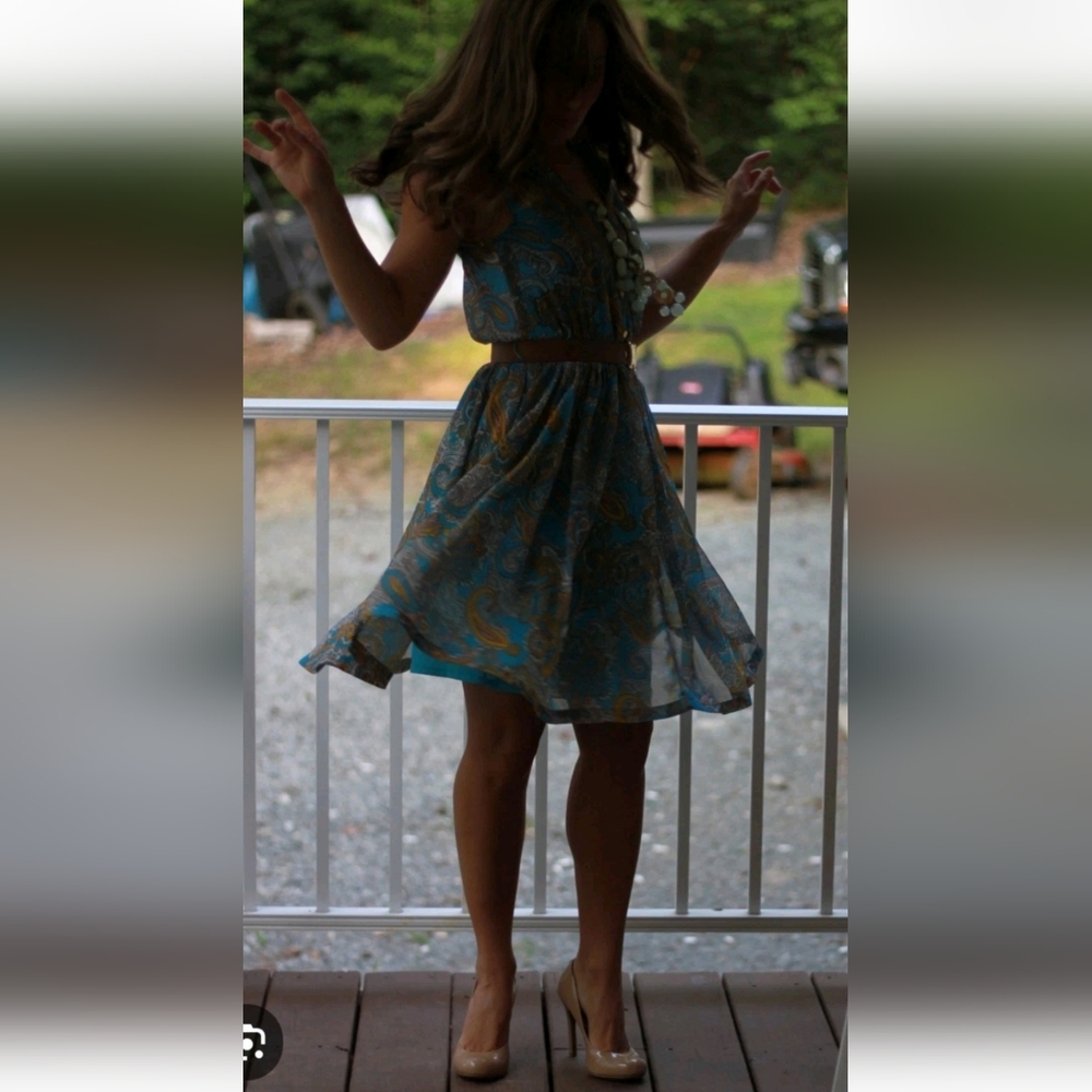 NEW H&M Paisley Sheer Sleevless Belted Midi Fress Blue Festival Boho Fairycore 8 - Picture 12 of 13